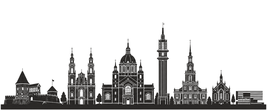 Stadtansicht von Kaunas mit Burg, Kathedrale, Rathausturm und der Christ-Auferstehungs-Kirche